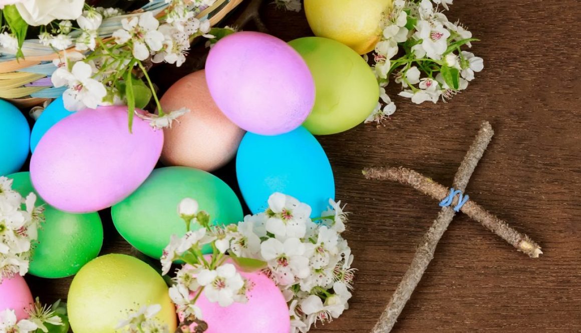 Easter eggs on a flowering tree branch