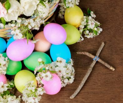 Easter eggs on a flowering tree branch